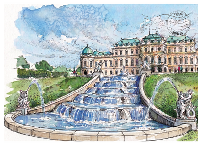 The Belvedere Fountain, Vienna · Watercolour Postcard