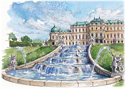 Watercolour-style illustration of The Belvedere palace with a large tiered fountain in the foreground, green lawns, sculptural figures, and a blue sky with clouds.