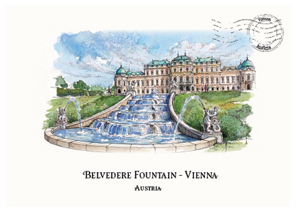 The Belvedere Fountain, Vienna · Watercolour Postcard