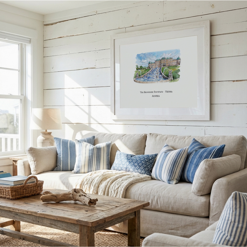 A framed art print of 'The Belvedere Palace and Fountain' hangs on a white shiplap wall above a beige sectional sofa decorated with blue and white striped pillows.