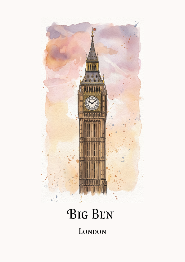 Watercolour-style art print of Big Ben in London, centered on a light cream background with the text 'BIG BEN' and 'LONDON' below.