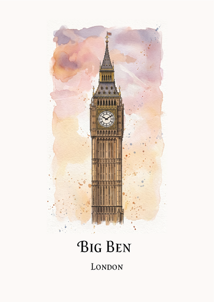 Watercolour-style art print of Big Ben in London, centered on a light cream background with the text 'BIG BEN' and 'LONDON' below.
