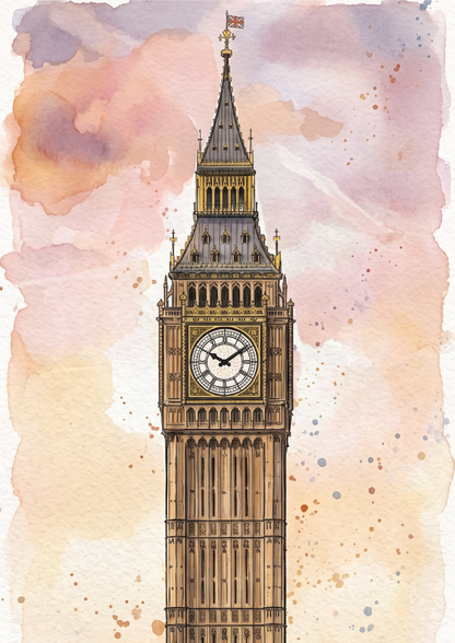Watercolour-style artwork of Big Ben and the Elizabeth Tower in London, centered against a soft pink, peach, and cream watercolor background with painted splashes and speckles.