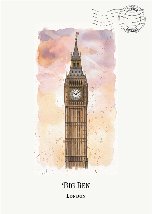 Watercolour-style art postcard of Big Ben in London, shown as a vertical illustration with a pink and peach watercolor wash background, a postage stamp graphic in the upper right, and the text 'BIG BEN' and 'LONDON' at the bottom.