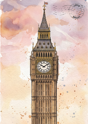 Watercolour-style postcard of Big Ben in London, shown as a tall clock tower against a soft pink, peach, and cream sky with faint postmark details.