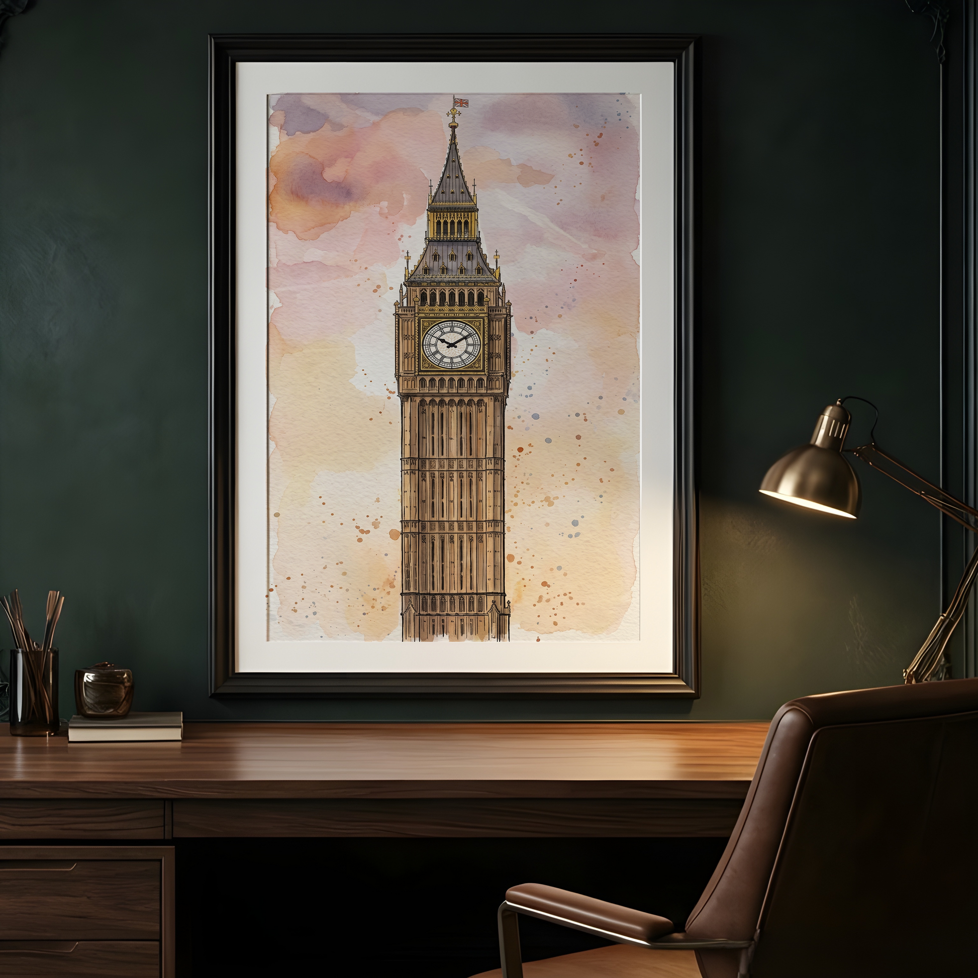 A framed watercolour art print of Big Ben, London, hanging on a dark green wall above a wooden desk with a leather chair and a lit desk lamp.