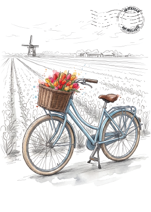 A hand-drawn illustration of a light blue bicycle with a wicker basket filled with red and yellow tulips, parked in a field with a windmill and house in the background.