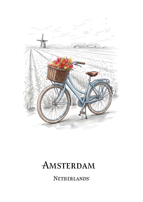 A travel art print featuring a watercolour-style illustration of a classic blue bicycle with a basket of red tulips in a Dutch field, with a windmill in the background. The text 'AMSTERDAM' and 'NETHERLANDS' is printed at the bottom.