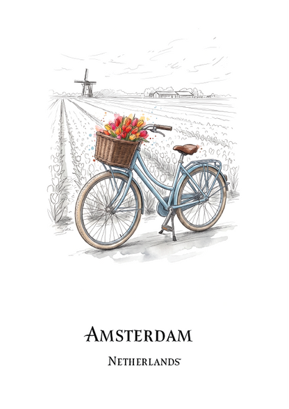 A travel art print featuring a watercolour-style illustration of a classic blue bicycle with a basket of red tulips in a Dutch field, with a windmill in the background. The text 'AMSTERDAM' and 'NETHERLANDS' is printed at the bottom.