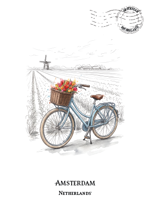A travel-style illustration of a light blue bicycle with a basket of flowers in the front, parked in a Dutch field. The scene includes a windmill, farmhouses, and the text 'AMSTERDAM NETHERLANDS' at the bottom, with a circular stamp graphic at the top right.