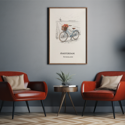 A framed vintage-style Amsterdam bicycle poster hangs on a grey wall above two red armchairs and a small round side table in a modern living room setting.