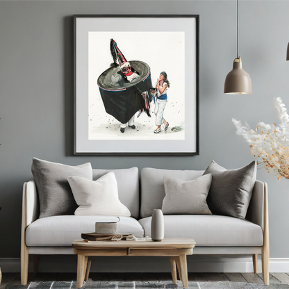 Padstow Blue Obby Oss watercolour travel poster in a black frame on a grey wall above a sofa