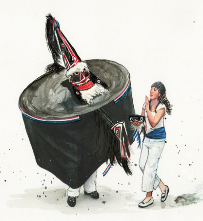 Original watercolour illustration of the Blue Obby Oss and Teaser, Padstow May Day, by Ella's Adventures