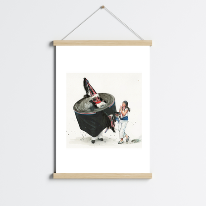 Padstow Blue Obby Oss watercolour travel poster in a magnetic clip frame on a wall