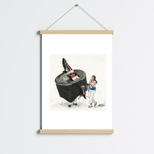 Padstow Blue Obby Oss watercolour travel poster in a magnetic clip frame on a wall