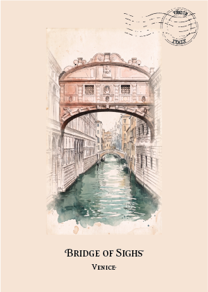 A travel art print featuring a watercolour illustration of the Bridge of Sighs in Venice, Italy. The print shows the bridge spanning a canal with beige buildings and greenish water, set against a warm beige background with a vintage-style circular stamp graphic in the top right and the text 'BRIDGE OF SIGHTS VENICE' at the bottom.
