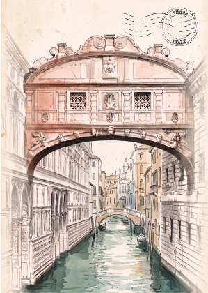 A watercolour-style illustration of the Bridge of Sighs in Venice, showing the ornate stone bridge arching over a canal with buildings lining the waterway. The artwork has a vintage postmark stamp in the upper right corner.