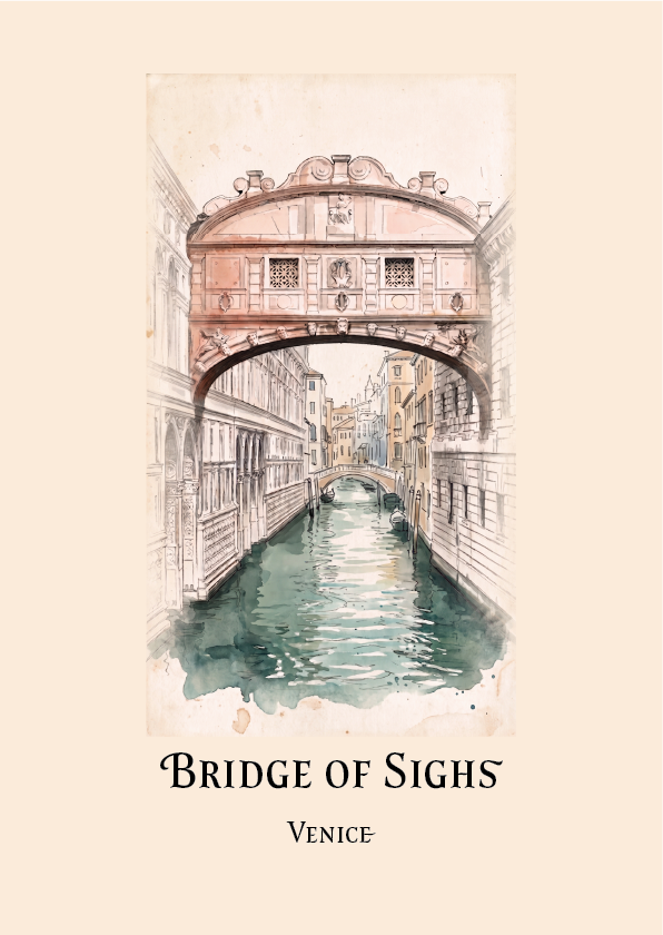 A watercolour-style art print of the Bridge of Sighs in Venice, showing the arched bridge over a canal with buildings on both sides, centered on a warm beige background with the title 'Bridge of Sighs Venice' below.