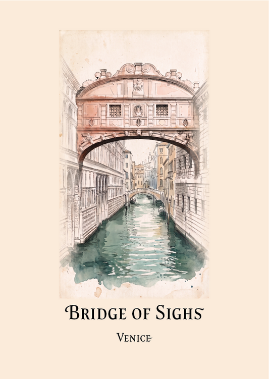 A watercolour-style art print of the Bridge of Sighs in Venice, showing the arched bridge over a canal with buildings on both sides, centered on a warm beige background with the title 'Bridge of Sighs Venice' below.