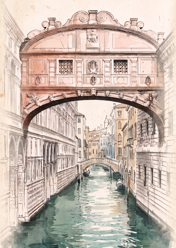 Watercolour and ink illustration of the Bridge of Sighs in Venice, showing the stone archway over a canal with buildings lining both sides.