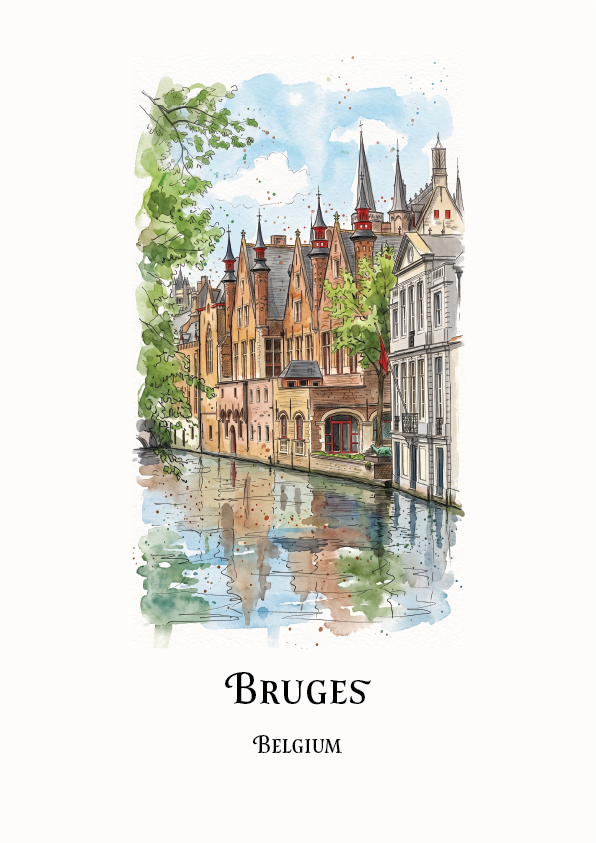 Watercolour-style travel art print of Bruges, Belgium, showing a canal lined with historic buildings and green trees, with the text 'BRUGES BELGIUM' printed below on a white background.