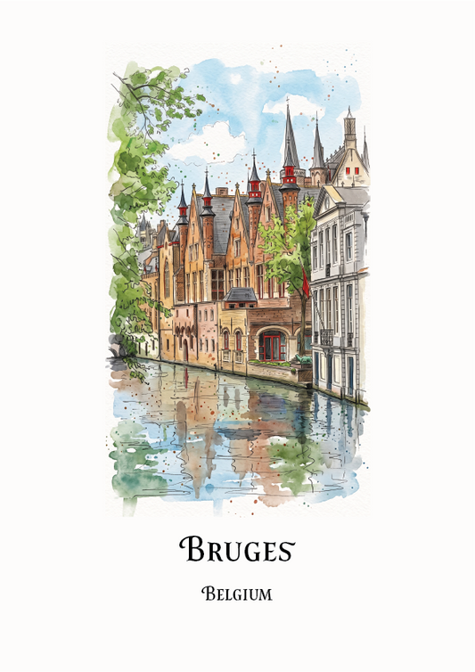 Watercolour-style travel art print of Bruges, Belgium, showing a canal lined with historic buildings and green trees, with the text 'BRUGES BELGIUM' printed below on a white background.