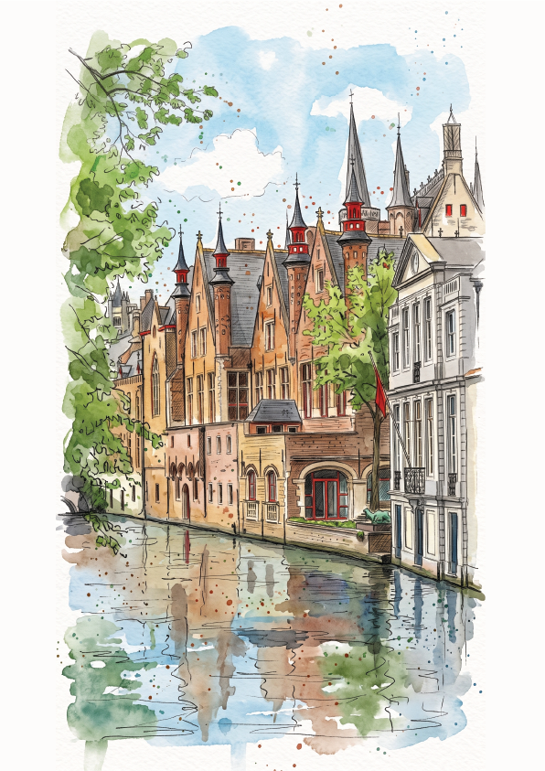 Watercolour-style artwork poster of the Bruges canal in Belgium lined with historic brick buildings and church spires, with reflections in the water and green tree foliage at the left side.