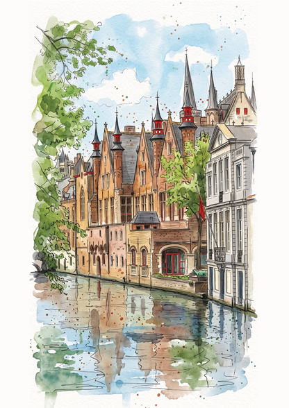 Watercolour-style artwork poster of the Bruges canal in Belgium lined with historic brick buildings and church spires, with reflections in the water and green tree foliage at the left side.
