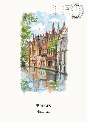Watercolour-style travel art print of Bruges, Belgium, showing a canal lined with historic buildings and green trees, with a circular stamp graphic and the text 'BRUGES BELGIUM' below on an off-white background.