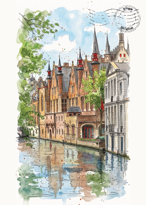 Watercolour-style artwork of Bruges Canal in Belgium lined with historic European buildings, featuring tall spires, reflections in the water, green trees, and a postage stamp motif in the upper right.