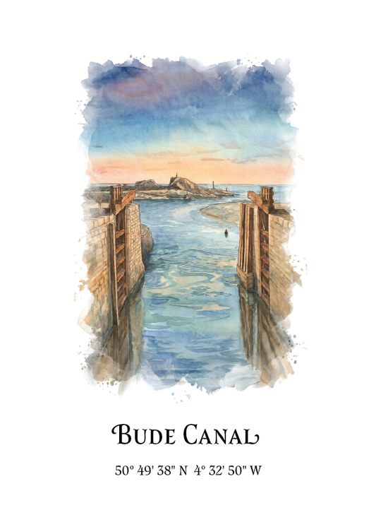 A vertical watercolour-style art print of the Bude Canal, featuring a perspective view looking down the canal towards a small boat under a peach and blue cloudy sky, with the text 'BUDE CANAL' and coordinates printed below on a white background.