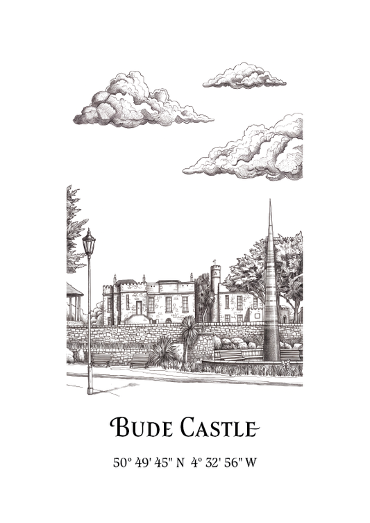 A black and white hand-drawn sketch of Bude Castle with clouds above and the text 'Bude Castle' and coordinates below on a white background.