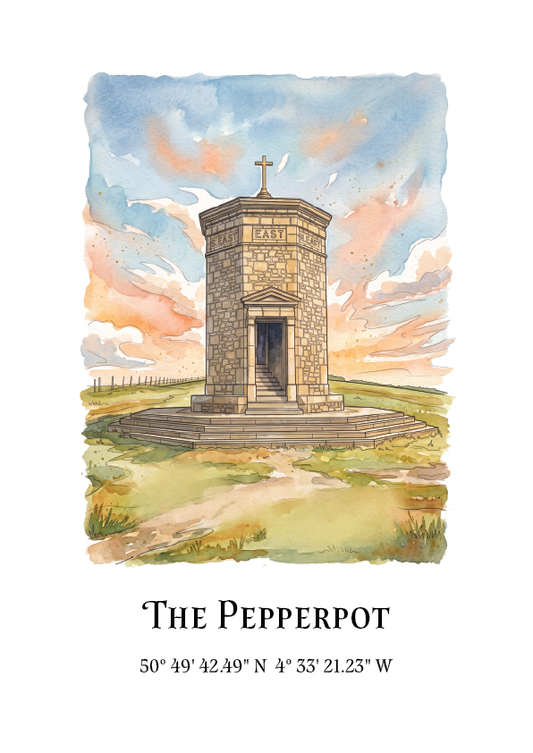 A watercolour print of a stone monument labeled 'The Pepperpot' with geographic coordinates below on a white background.