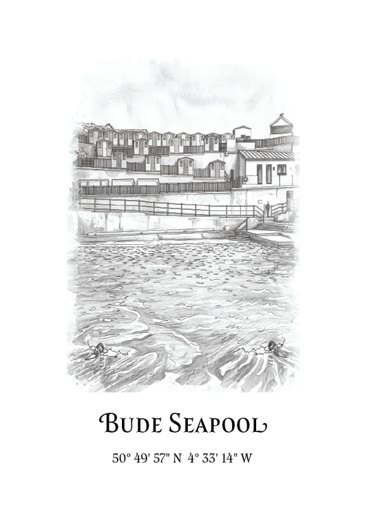 A black and white sketch of Bude Seapool with coordinates printed below on a white background.