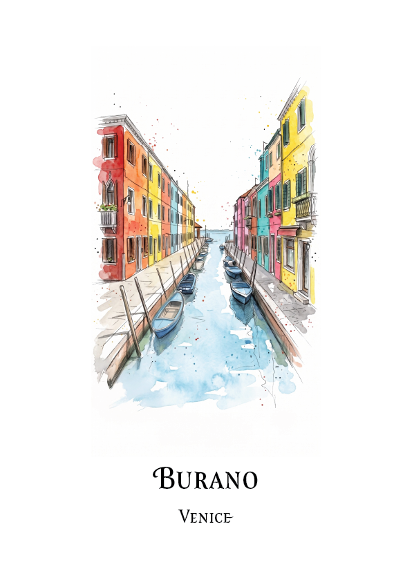 A watercolour-style art print of a canal scene in Burano, Venice, with colourful buildings on both sides and small boats moored along the water. The print is shown on a white background with the text 'BURANO' and 'VENICE' printed below the artwork.