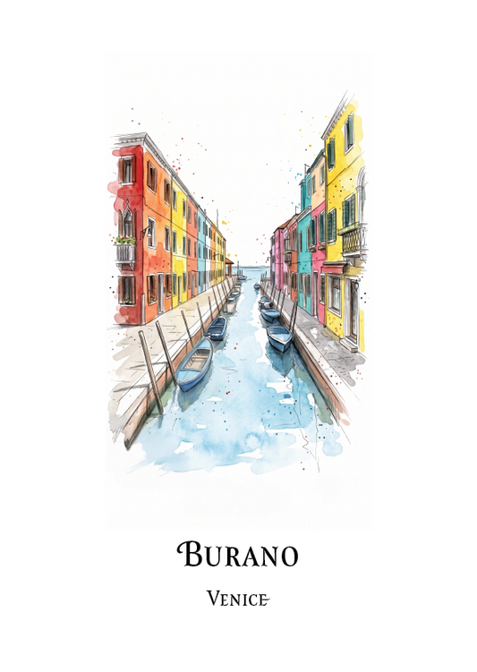 A watercolour-style art print of a canal scene in Burano, Venice, with colourful buildings on both sides and small boats moored along the water. The print is shown on a white background with the text 'BURANO' and 'VENICE' printed below the artwork.