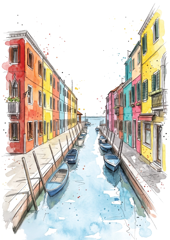 Watercolour and ink sketch of a Venetian canal lined in Burano, with brightly coloured buildings in red, orange, yellow, pink, and blue, with several small boats moored along the waterway.