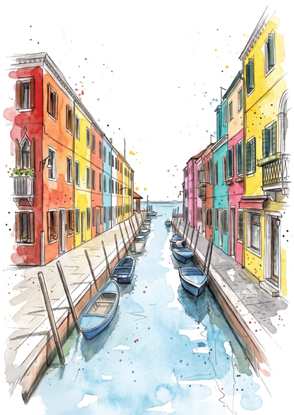Watercolour and ink sketch of a Venetian canal lined in Burano, with brightly coloured buildings in red, orange, yellow, pink, and blue, with several small boats moored along the waterway.