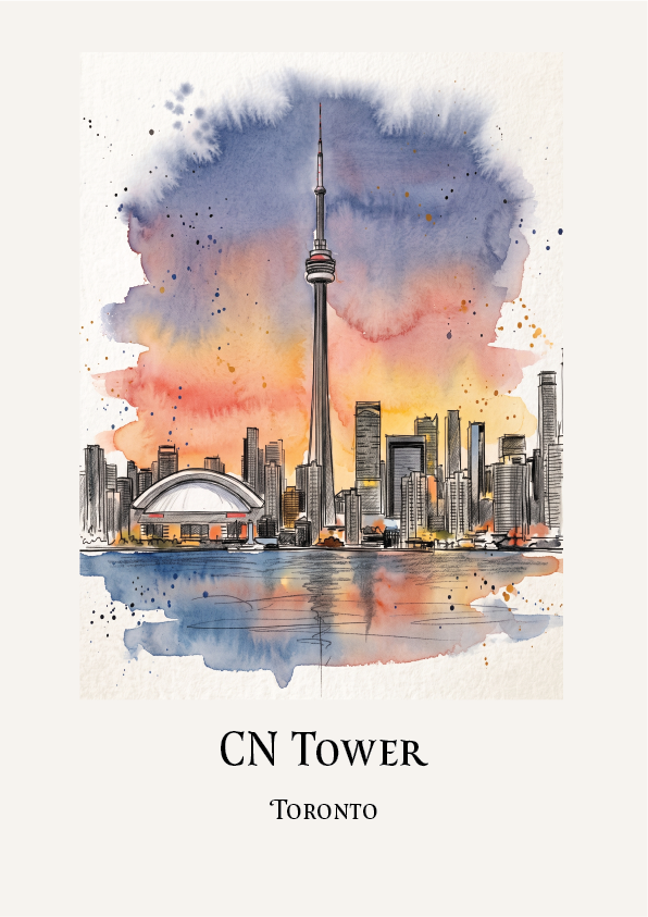Watercolour-style cityscape print featuring the CN Tower in Toronto, with the tower, skyline, dome building, and water reflections, plus the text 'CN TOWER' and 'TORONTO' below the artwork on an off-white background.