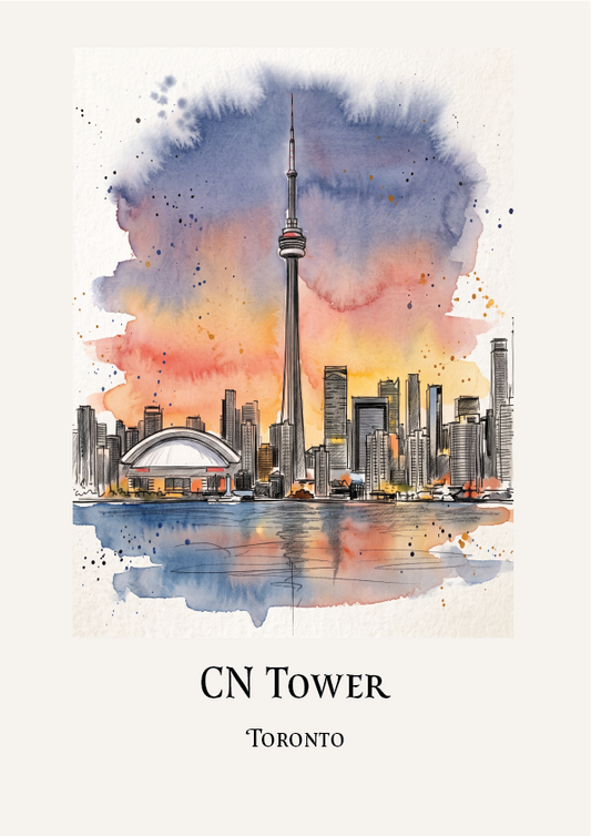Watercolour-style cityscape print featuring the CN Tower in Toronto, with the tower, skyline, dome building, and water reflections, plus the text 'CN TOWER' and 'TORONTO' below the artwork on an off-white background.