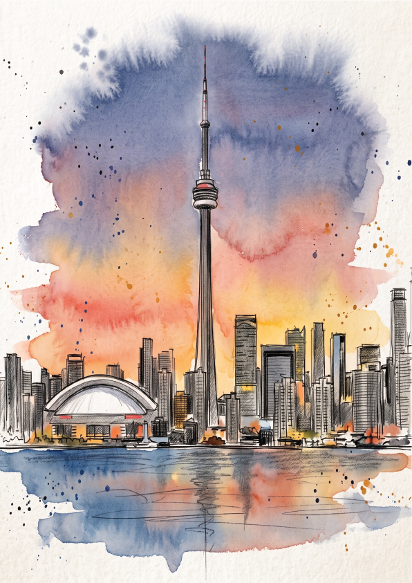 Watercolour-style Toronto cityscape art print  postcard with the CN Tower, skyline, water reflections, and a postmark in the upper right.