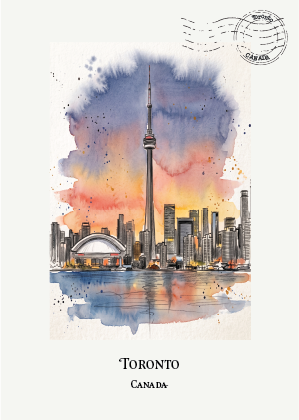 Watercolour-style Toronto cityscape art print  postcard with the CN Tower, skyline, water reflections, and a postmark in the upper right, plus the text 'TORONTO' and 'CANADA' at the bottom.