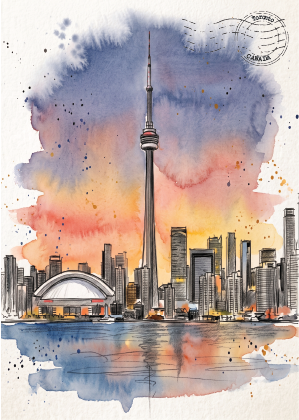 Watercolor and ink illustration of the Toronto skyline, featuring the CN Tower, city buildings, the Rogers Centre, and reflections on the water, with a watercolor sky in blue, purple, orange, and pink tones.