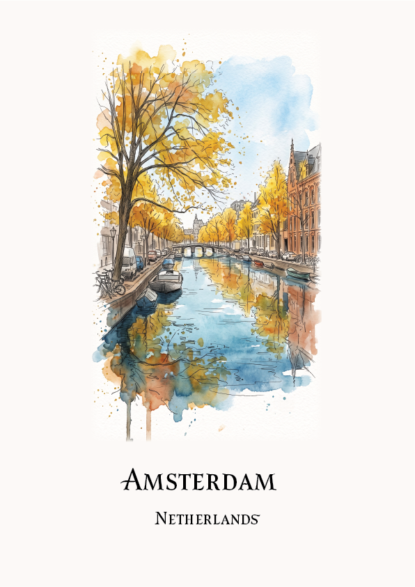 Watercolour-style Amsterdam canal scene with yellow autumn trees, blue water, and buildings, centered on an off-white background with the text 'AMSTERDAM' and 'NETHERLANDS' below.
