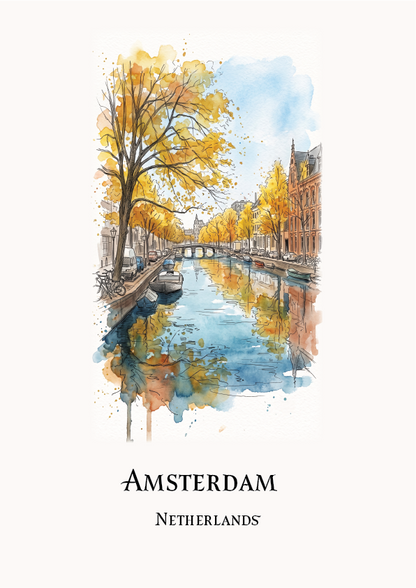 Watercolour-style Amsterdam canal scene with yellow autumn trees, blue water, and buildings, centered on an off-white background with the text 'AMSTERDAM' and 'NETHERLANDS' below.