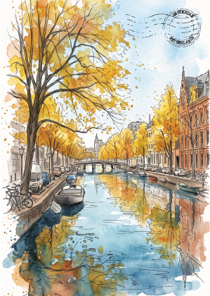 The Canal Ring, Amsterdam · Watercolour Postcard