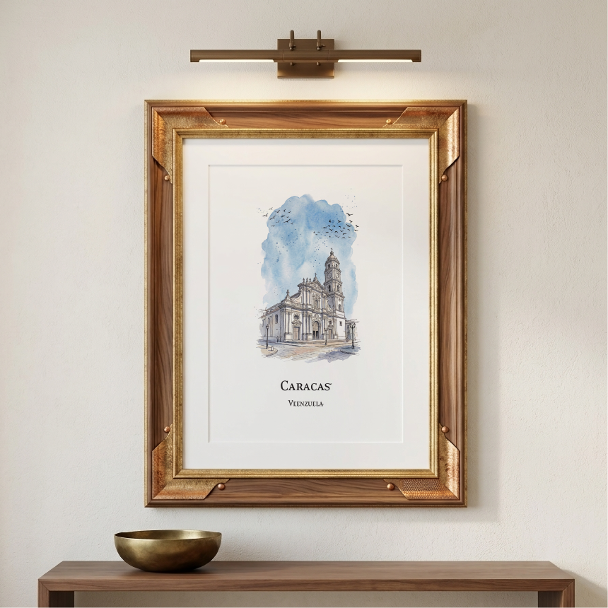 Framed wall art hanging above a console table, featuring a watercolour-style illustration of a Cathedral in Caracas, Venezuela, with the text 'CARACAS' and 'VENEZUELA' below. The print has a white mat and a decorative gold-toned frame, shown in a styled interior with a wall-mounted light above and a bowl on the table.