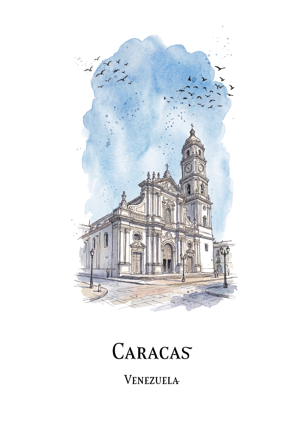 Watercolour-style travel art print of the Caracas cathedral in Venezuela, with a blue sky, birds, and the text 'CARACAS' and 'VENEZUELA' below on a white background.