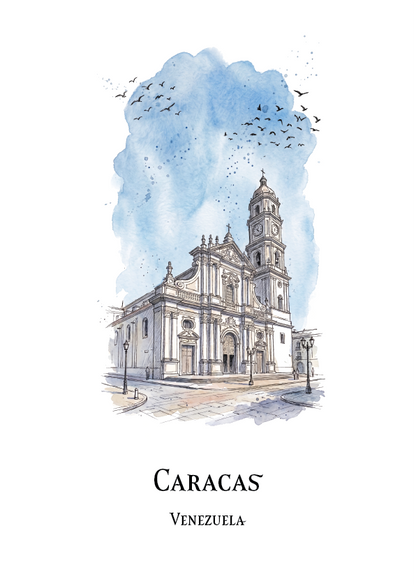 Watercolour-style travel art print of the Caracas cathedral in Venezuela, with a blue sky, birds, and the text 'CARACAS' and 'VENEZUELA' below on a white background.