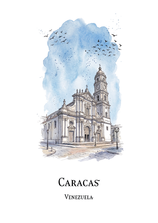 Watercolour-style travel art print of the Caracas cathedral in Venezuela, with a blue sky, birds, and the text 'CARACAS' and 'VENEZUELA' below on a white background.